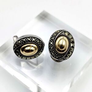 Vintage Judith Jack Sterling Silver 925 14k Gold Marcasite Earrings Omega Clasp